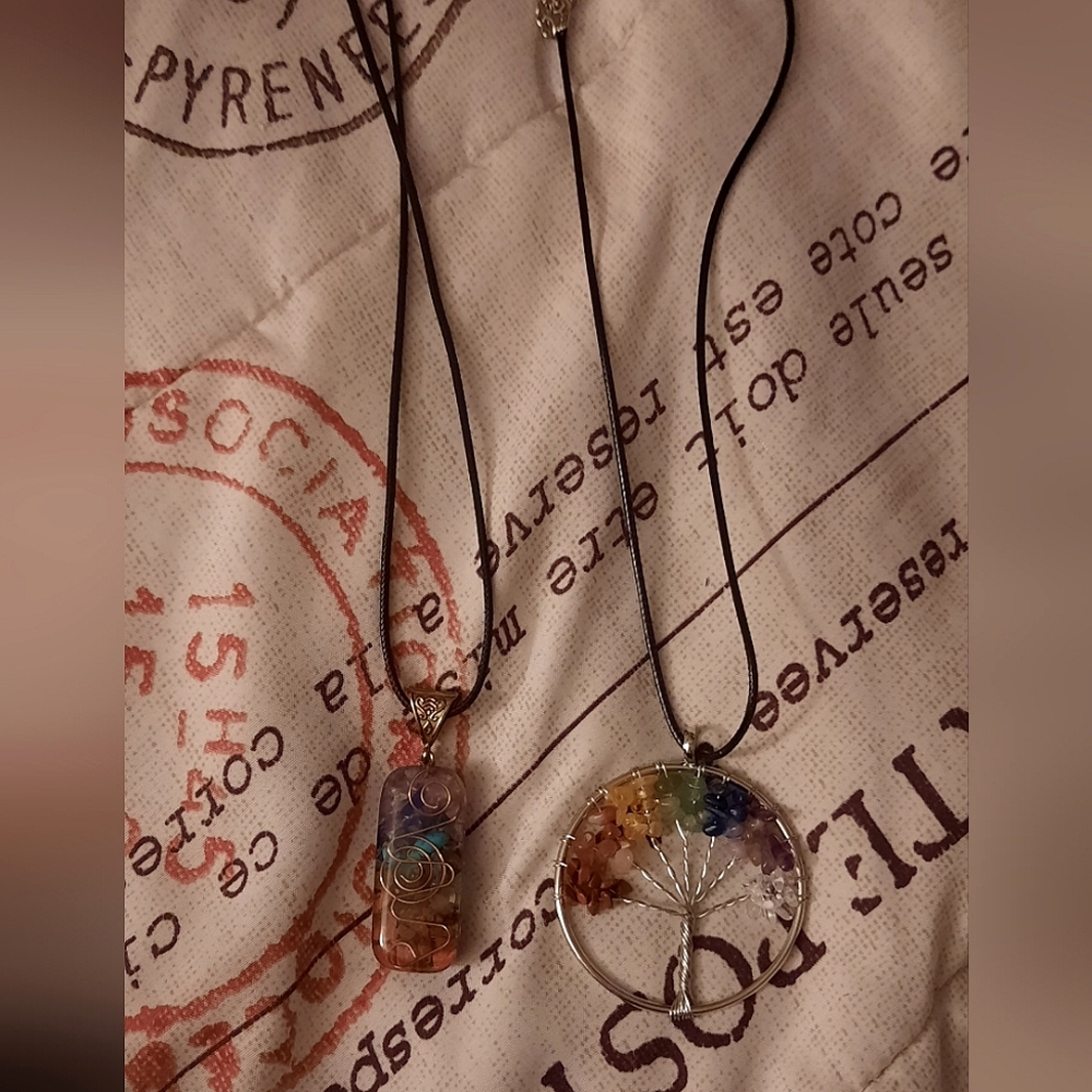 Rainbow crystal tree of life necklace with and 7 crystal orgone chakra necklace
